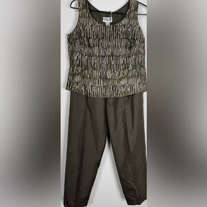 Vintage Robbie Bee 2 Piece Silk Pant Set Olive Abstract Petite 6P